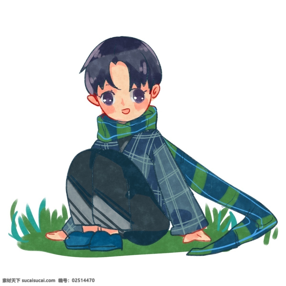 立春 人物 草地 插画 绿色的小草 小草装饰 小草插画 帅气的小男孩 手绘 蓝色的围巾