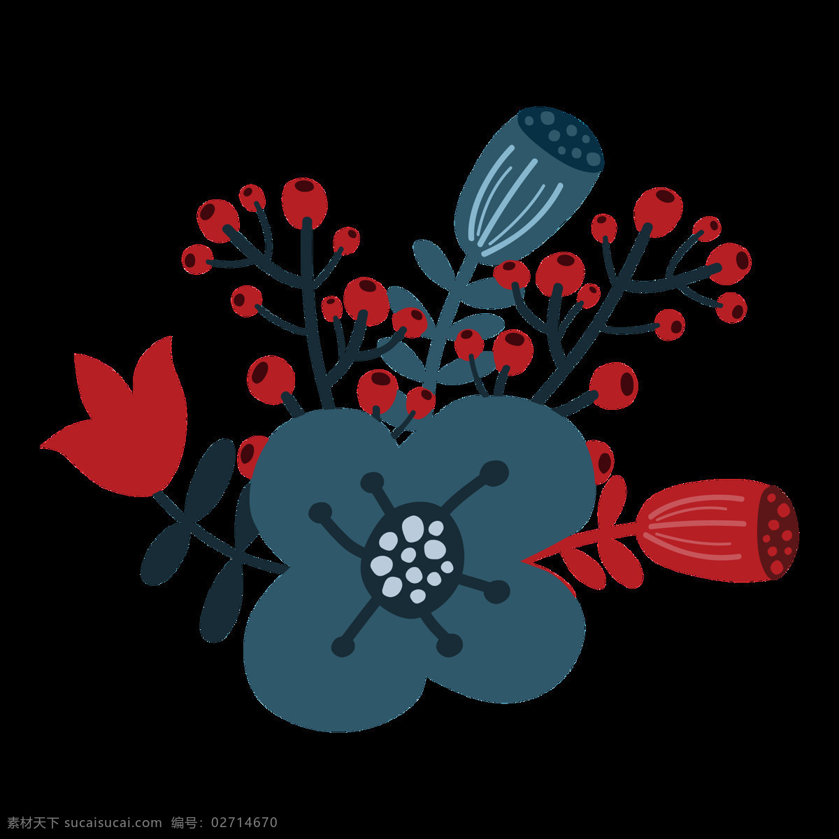 手绘 大朵 蓝色 花朵 野果 透明 红花 红色 花苞 免扣素材 树叶 透明素材 装饰图片