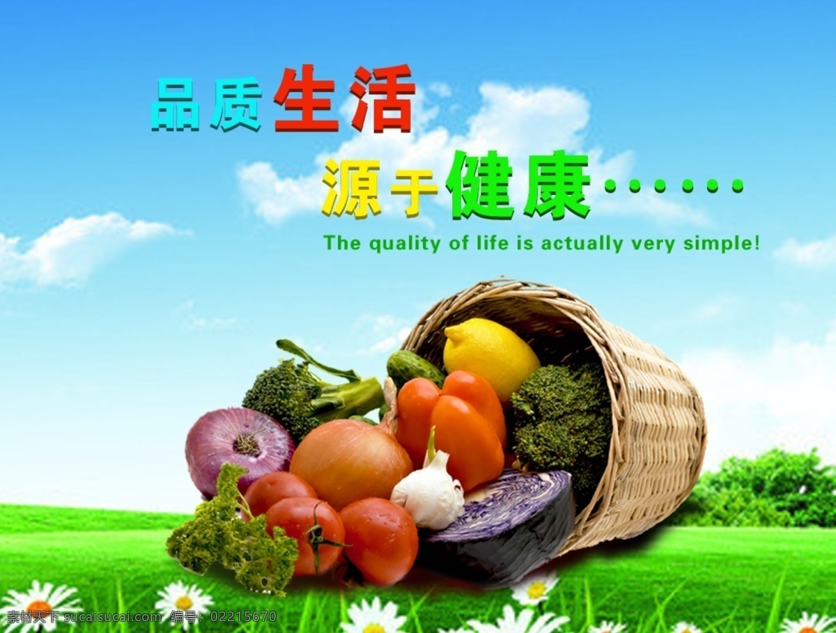 品质 生活 源于 健康 白云 草地 蓝天 篮子 蔬菜 水果 psd源文件