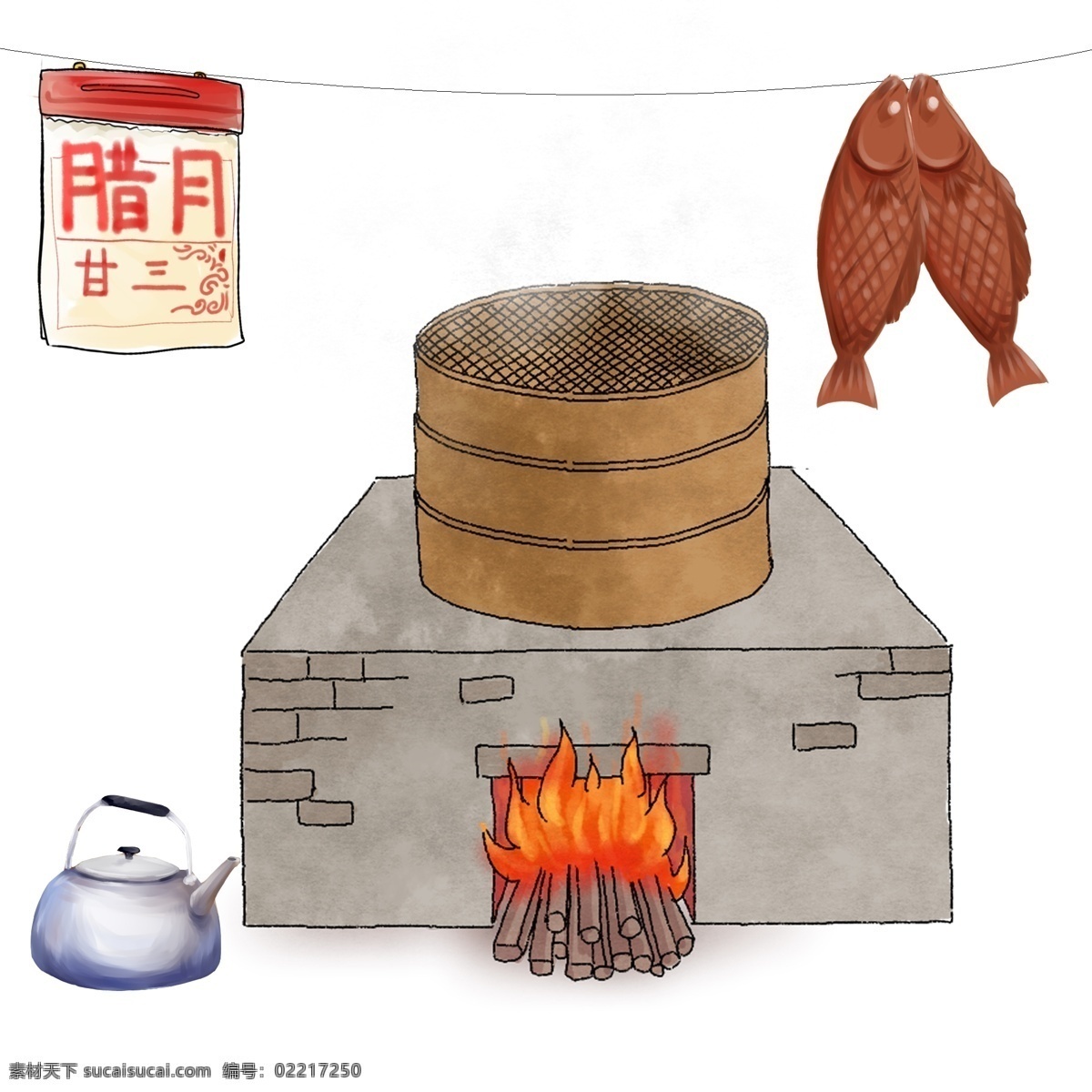 农村 的卡 通 厨房 建筑 做饭的大锅 烧火的大锅 手绘的大锅 燃烧的木柴 农村的日历 咸鱼干 正在做饭 手绘的灶台