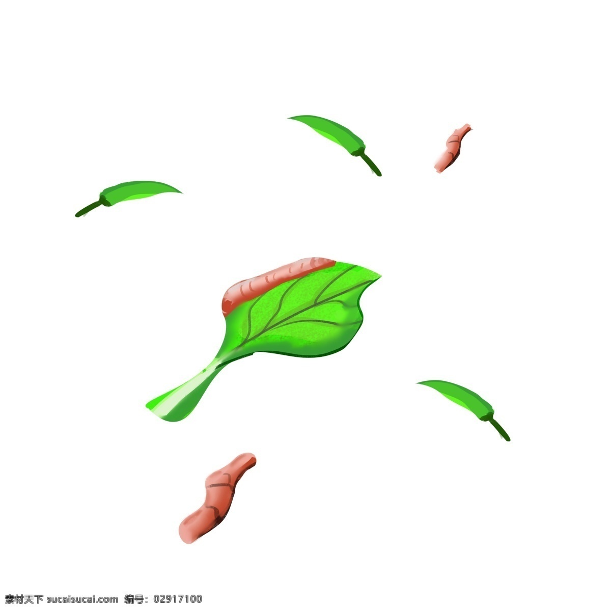 绿色 创意 植物 插图 有害的虫子 绿色辣椒 一片树叶 掉落的辣椒 卡通插画 图案装饰 简约的辣椒