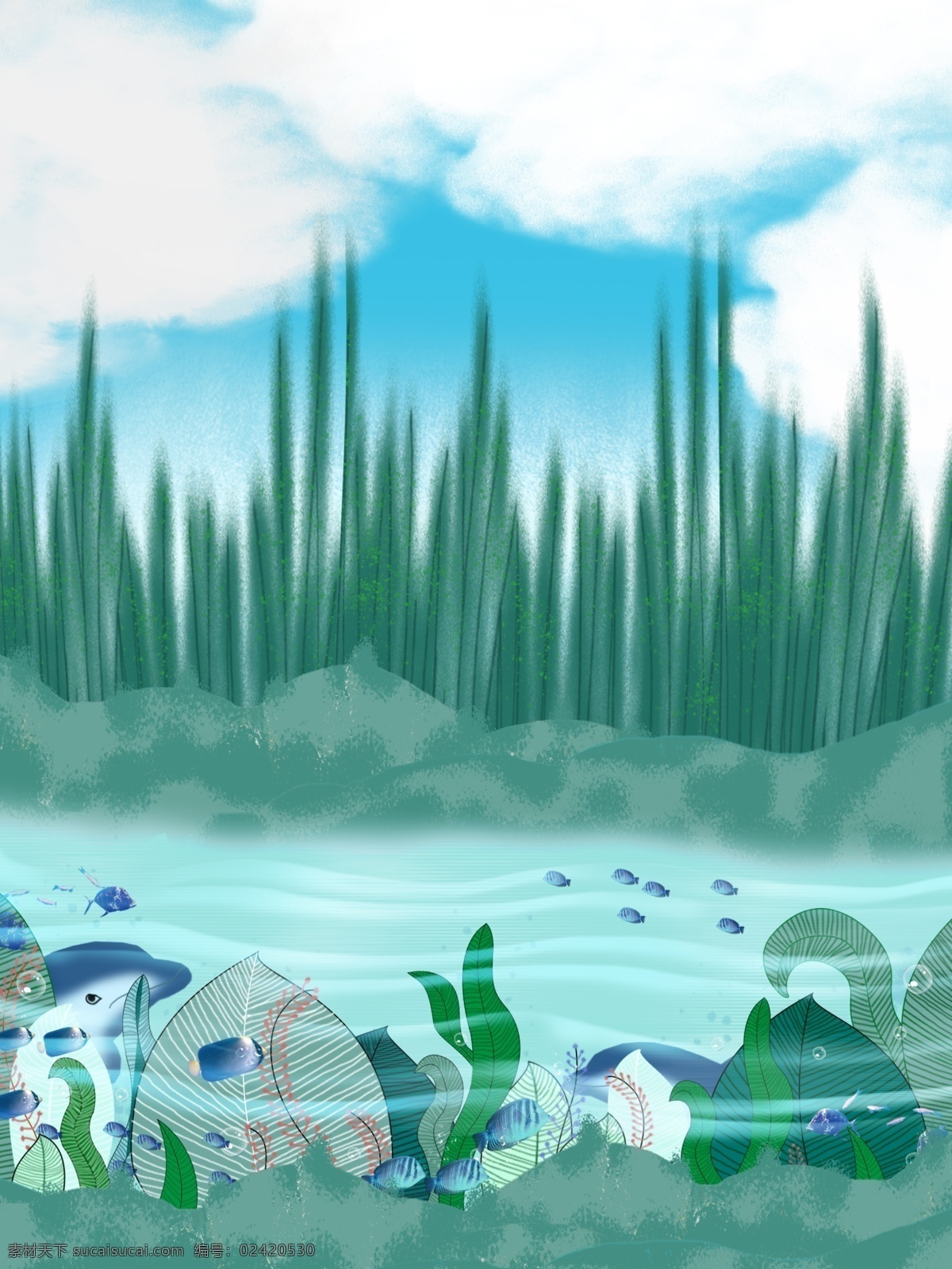 景色 风景 原创 图 插画 元素 鱼群