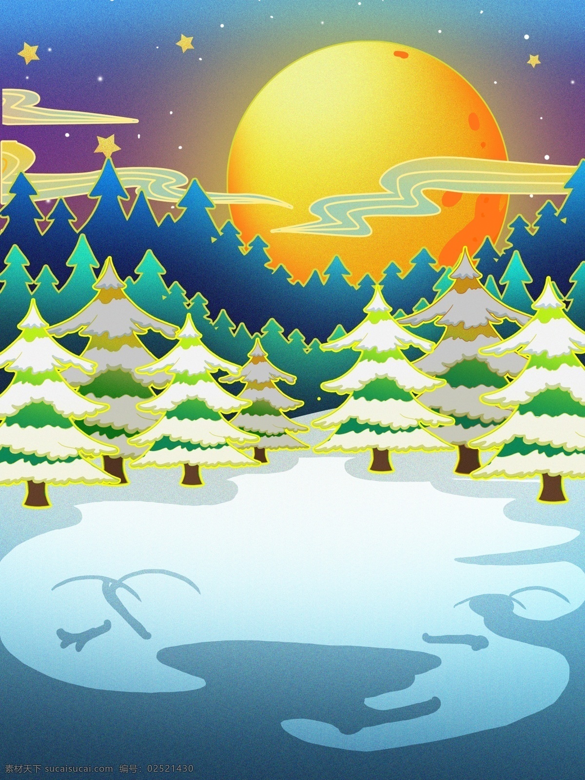 手绘 雪地 圣诞树 圆月 背景 平安夜 树林 广告背景 背景设计 彩绘背景 背景展板 特邀背景 背景图 创意 清新