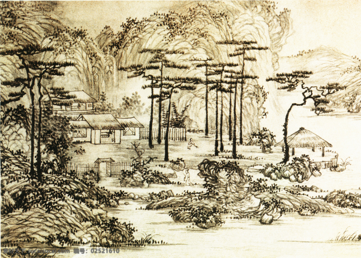 山水 名画 书画 湖山 书屋 图 三 部分 古画 山水画 书画真迹 中国水墨画 湖山书屋图 名家王绂作品