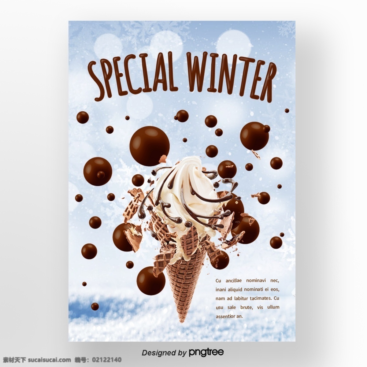 褐色 巧克力 冰激凌 蓝色 眼睛 版 冬季 甜味 食品 海报 n 冬天 雪花儿 美味的冬天 元