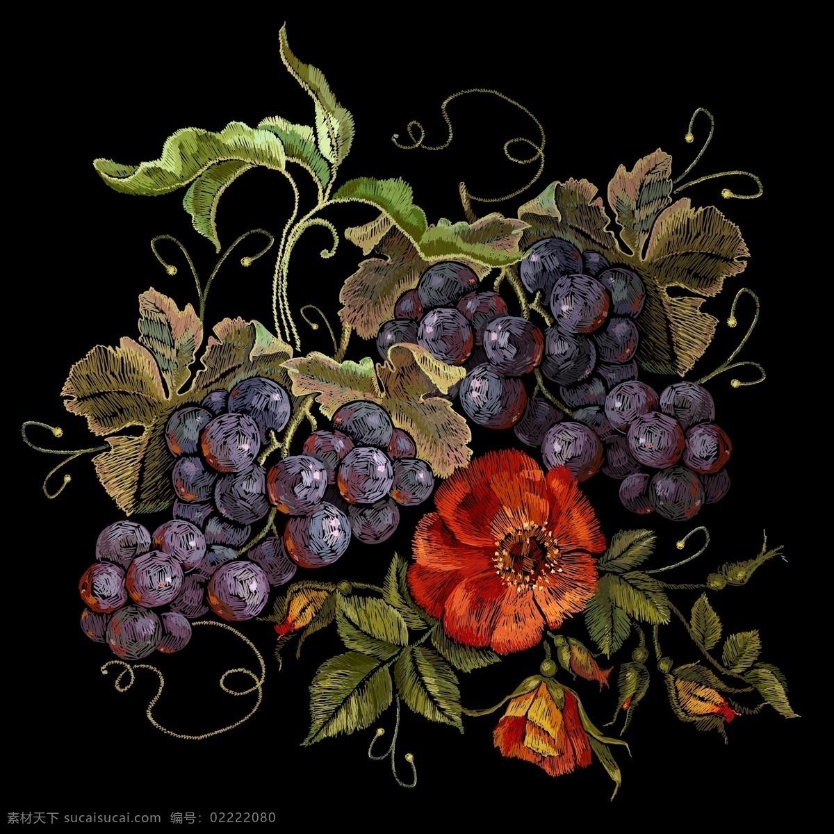 复古 葡萄 花朵 图案 植物 唯美 艺术 刺绣 水果