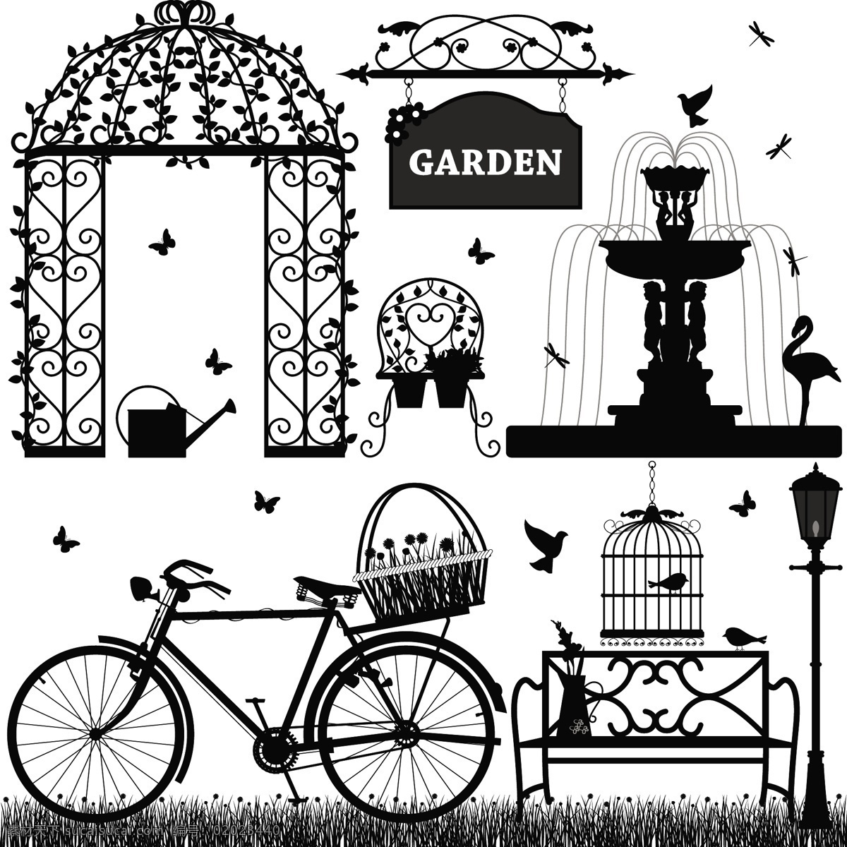 自行车 喷水池 花鸟 花 鸟 鸟笼 篮子 拱门 蝴蝶 蜻蜓 椅子 路灯 草地 指示牌 花园 浇水壶 环境设计 景观设计