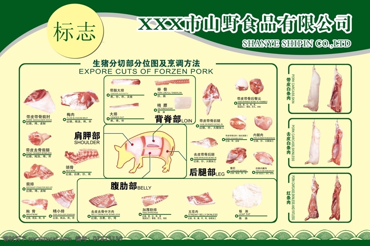 猪肉 分割 图 展板 展板广告 生猪 分切 部分 烹调 方法 猪肉分割图 去皮白条肉 带皮白条肉 红条肉 绿色食品 广告设计模板 其他模版 源文件库