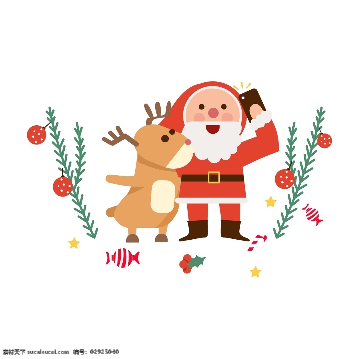 平 圣诞 鹿 矢量 插图 可爱 绿色 向量 红色 麋鹿 圣诞老人 说明 材料 糖果 圣诞球