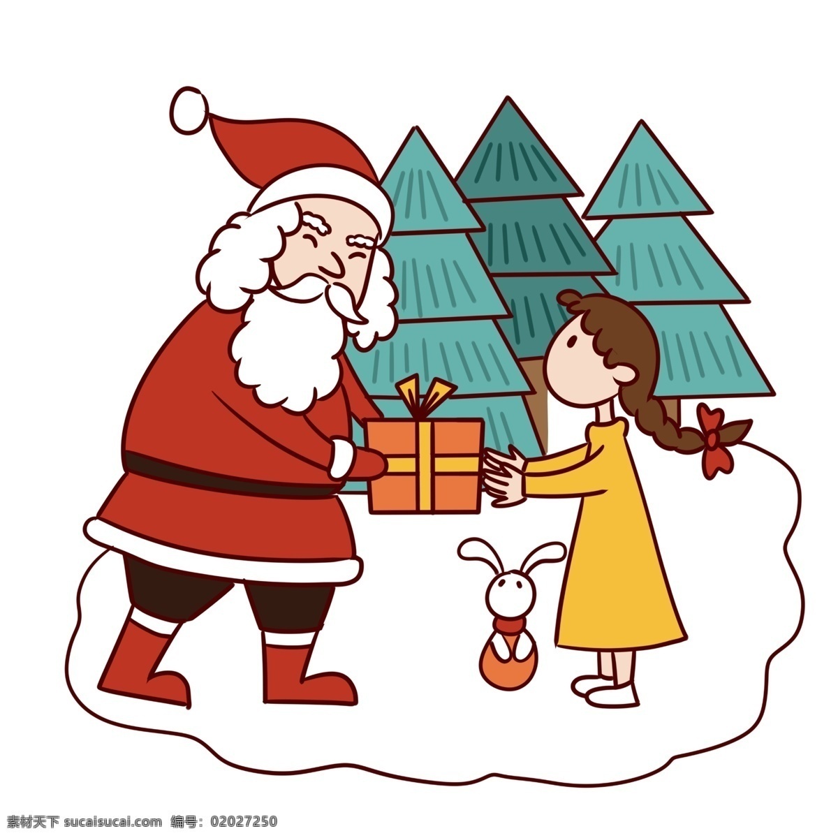 手绘 卡通 可爱 圣诞节 圣诞老人 小女孩 矢量 免抠 圣诞快乐 礼物 圣诞树 圣诞礼物 小白兔 雪地