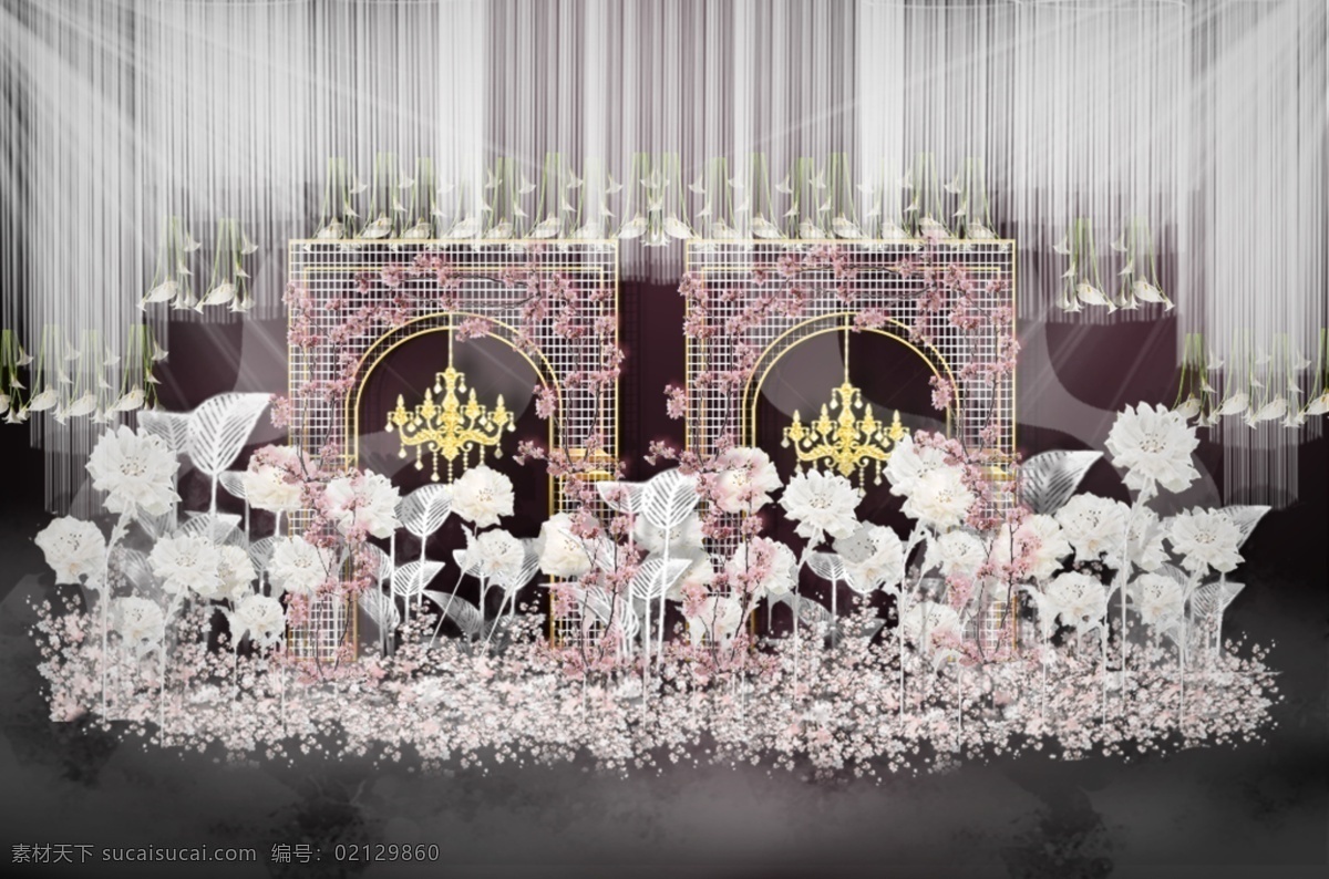 粉色 唯美 婚礼 迎宾 区 效果图 吊灯 马蹄莲 迎宾区 欧式拱门 纸花