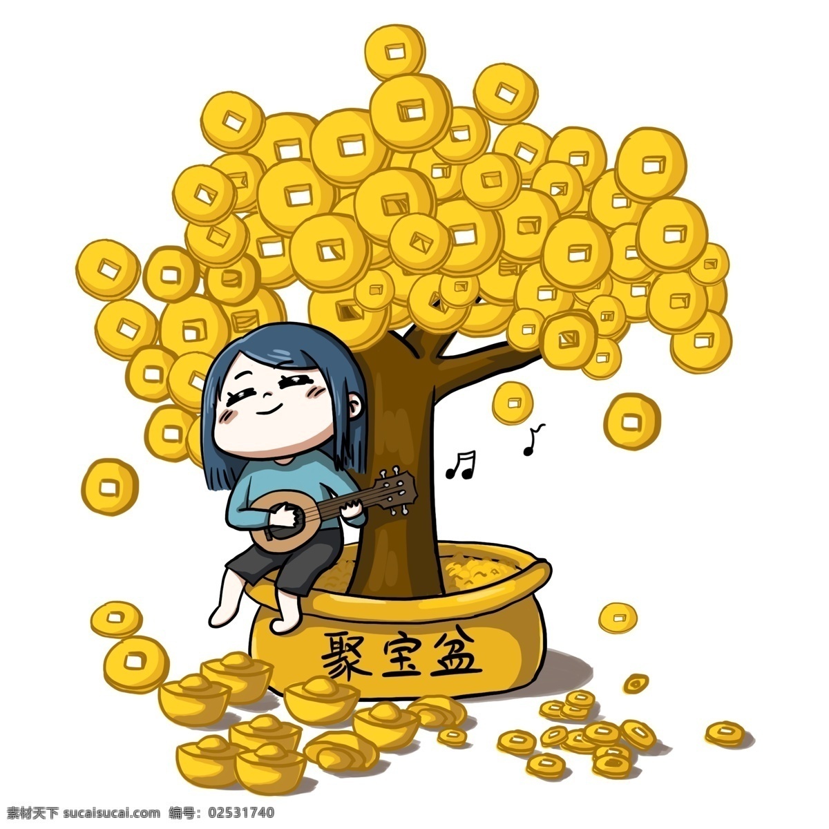 坐在 发财 树下 弹唱 可爱 小姑娘 财运 系列 卡通 插画 抱财 招财 摇钱树 聚宝盆 撒币 拜见财神 一夜暴富 抱 财 娃娃 形象
