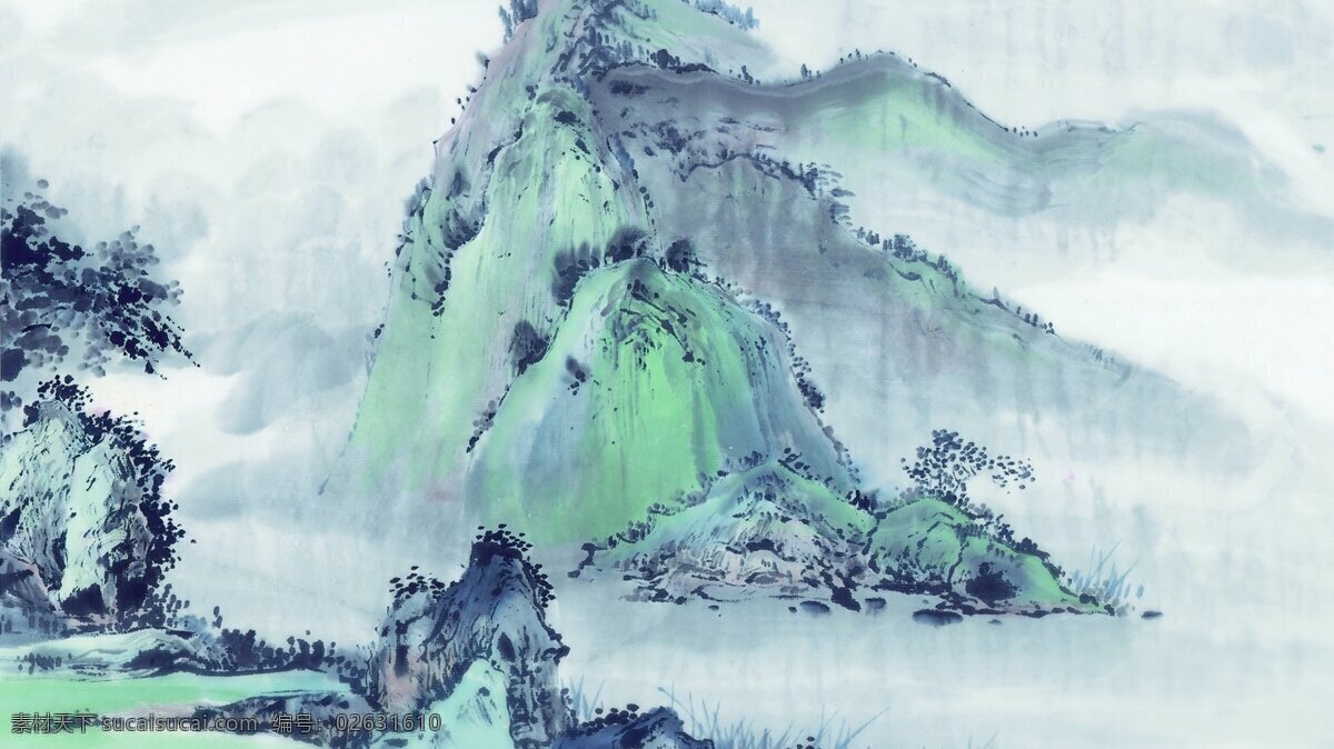 水彩画 高山 树木 水彩 背景图片