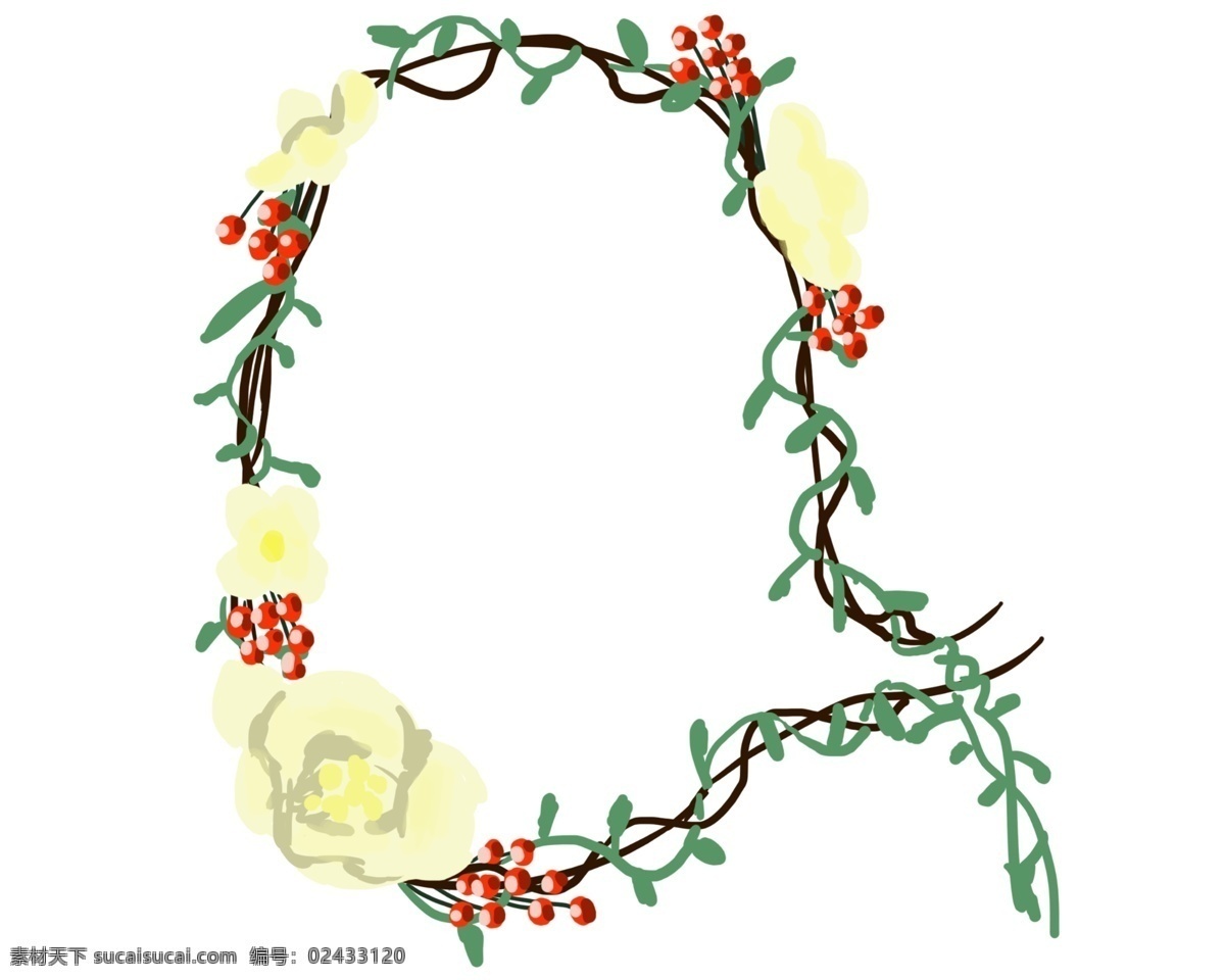 黄色 枝 藤 花 框 插画 鲜花枝藤花环 花艺植物花环 黄色枝藤 唯美清新边框 花环边框花框 黄花
