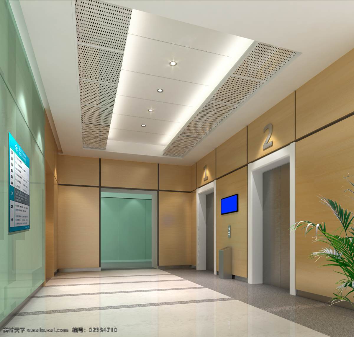 电梯厅效果图 电梯厅 医院 效果图 木饰面 玻璃 植物 3d作品 3d设计