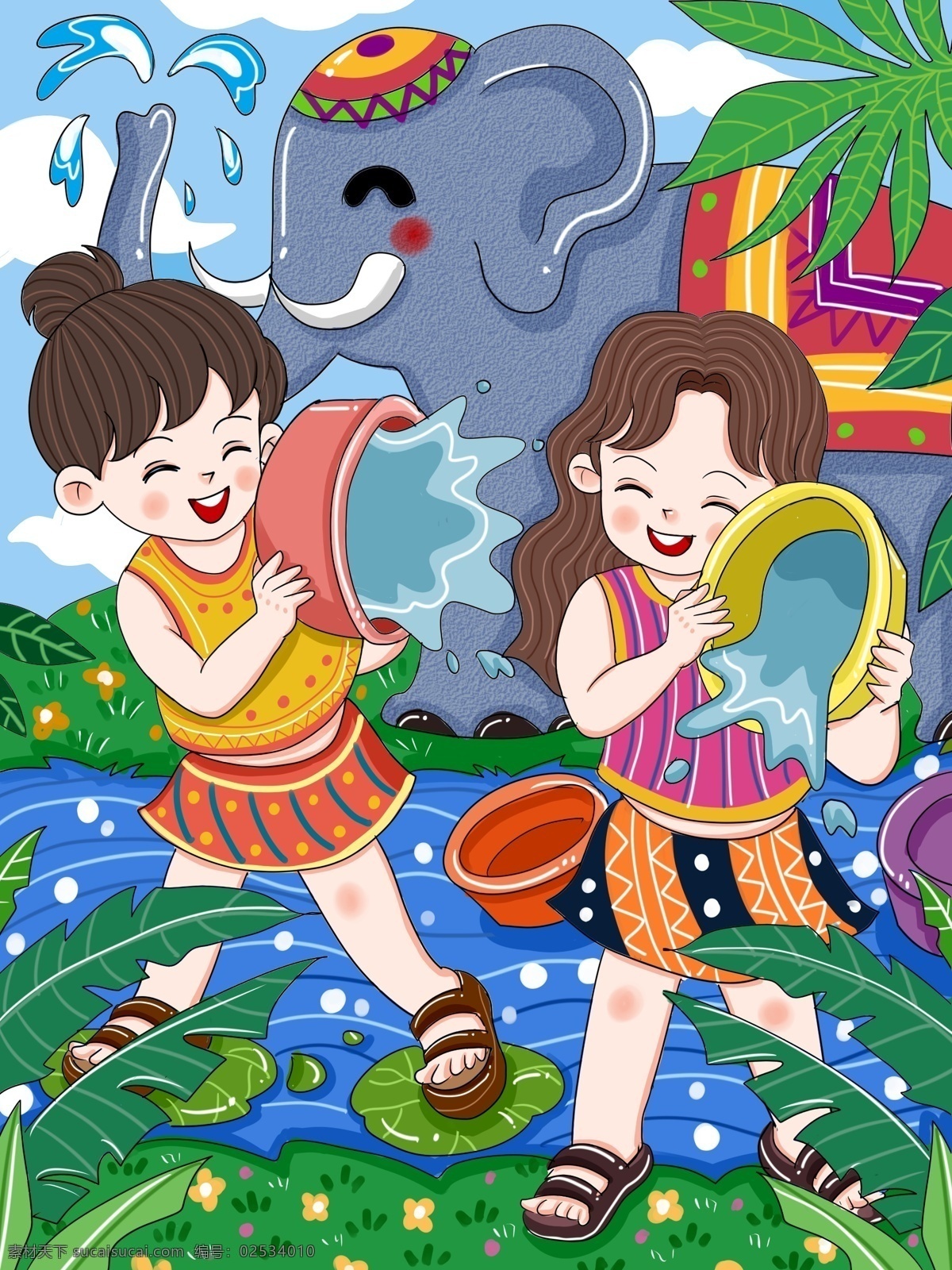 原创 泼水节 傣族 小朋友 水中 玩耍 卡通 插画 傣族泼水节 泼水 微博 微信