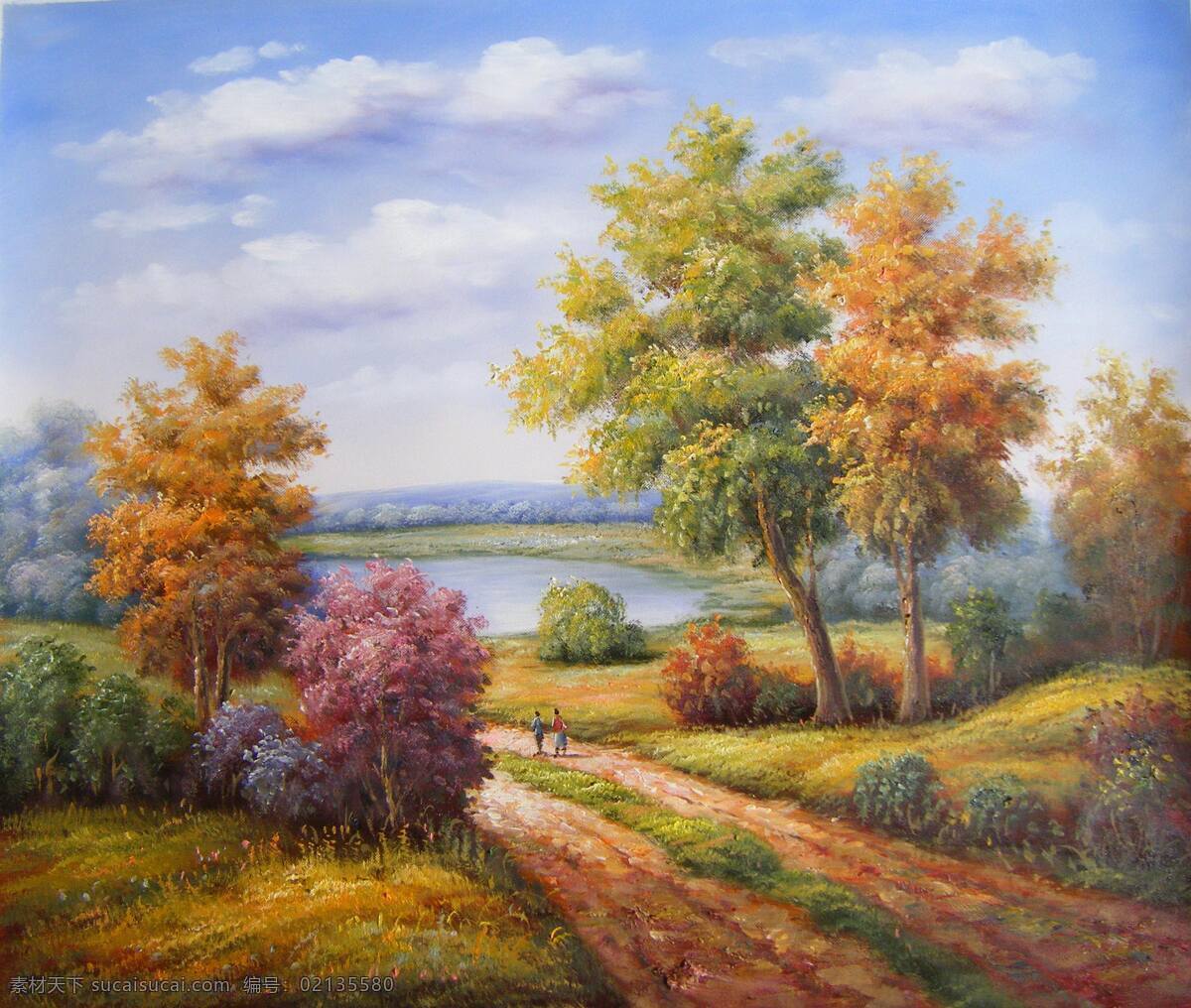 风景油画艺术 风景油画图片 风景油画 风景 大树 马路 人物 油画 绘画 艺术 水塘 花草 绘画书法 文化艺术 美术绘画