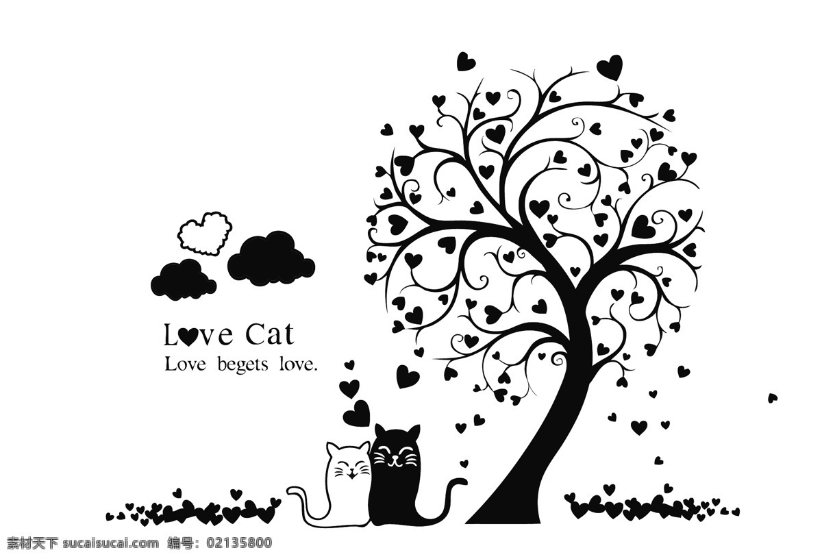 背景墙矢量图 小猫 猫咪 树 爱心树 刻画 爱心 云朵 love 矢量刻画