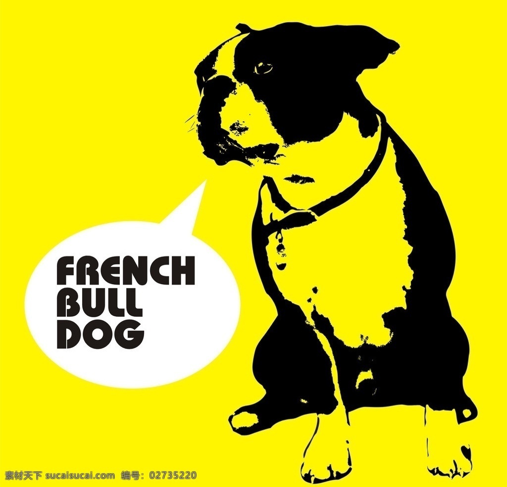 法国斗牛犬 狗狗 插画 特写 黄色背景 黑白 家禽家畜 生物世界 矢量