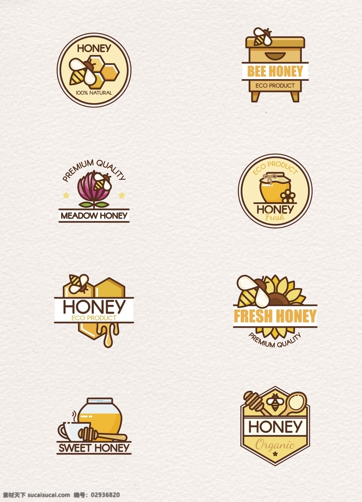 扁平化 有机 蜂蜜 标签 矢量 蜜蜂 花朵 蜂蜜搅拌棒 蜂窝 彩绘 手绘 有机蜂蜜