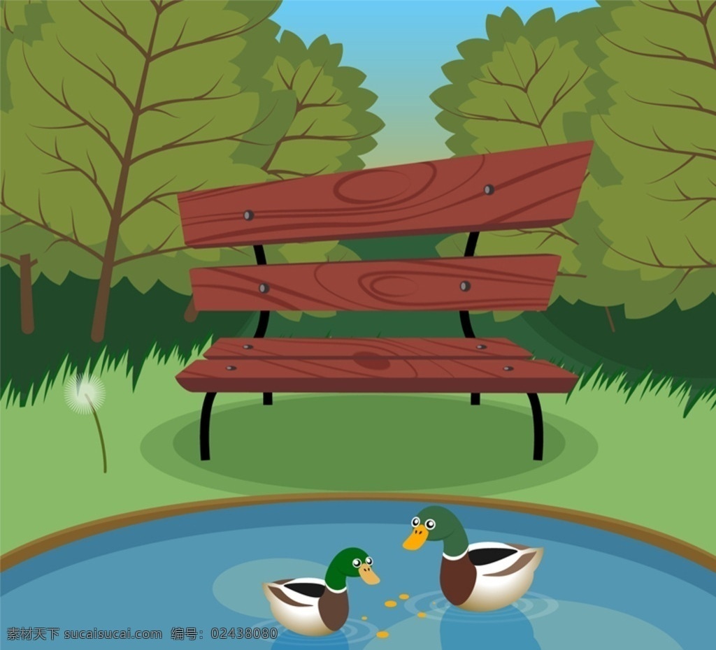 木桥 池塘 漩涡 风景 草丛 小河 矢量图 长椅 公园 平面素材
