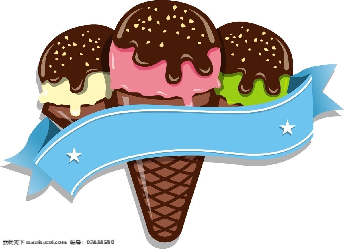 矢量 冰淇淋 元素 手绘 黑色 巧克力 蓝色 丝带