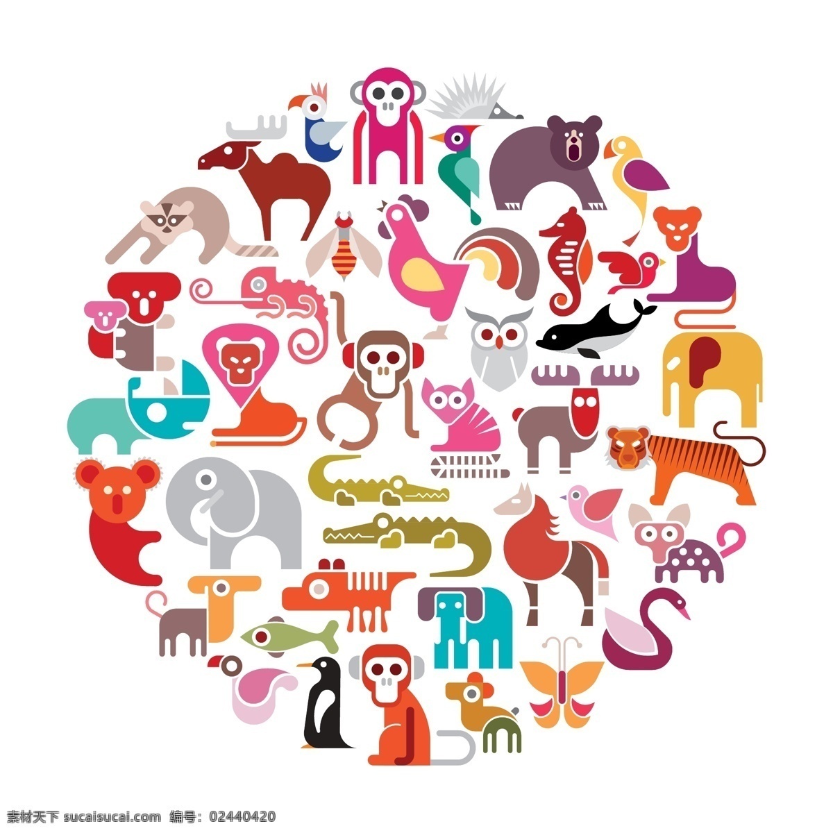 动物园 扁平 彩色 动物 图标 集 模版 插画 大象 海豚 猴子 卡通 老虎 马 猫头鹰 企鹅 狮子