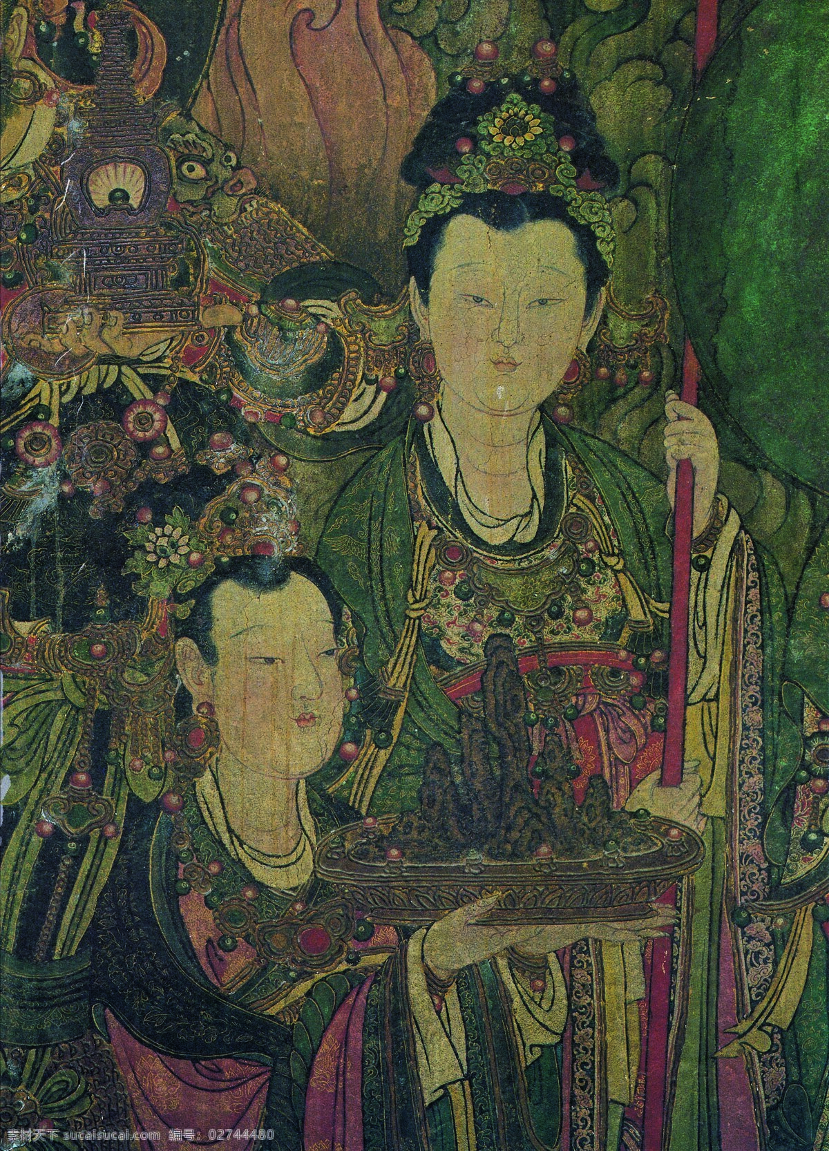 法海 寺 壁画 举 幡 侍女 帝 释 天 二 人 设计素材 中国古典 壁画世界 书画美术 灰色