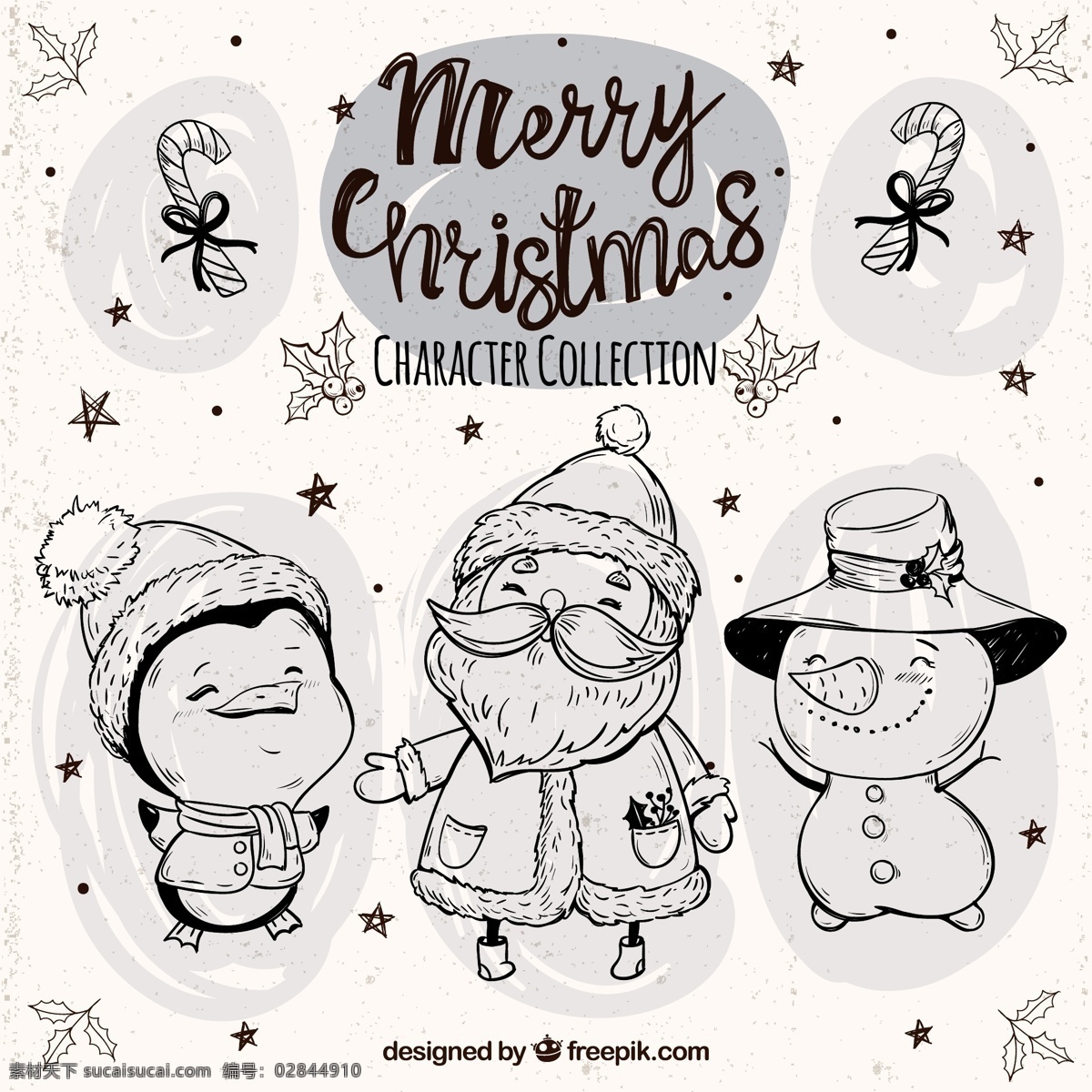 手绘 圣诞节 角色 企鹅 圣诞老人 雪人 雪花 merry christmas 文化艺术 绘画书法
