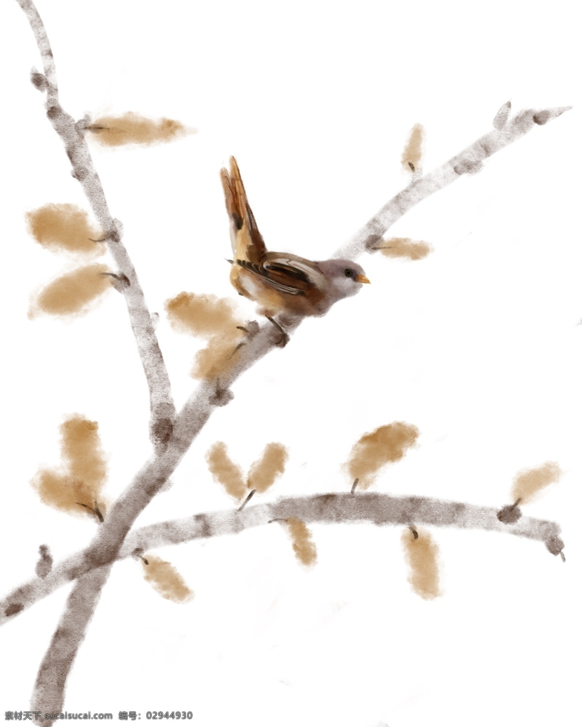 手绘 鸟 树枝 插画 手绘小鸟 麻雀 工笔画 植物 动物 可爱的鸟插画 树枝上的小鸟 冬季的树枝 黄色的树叶