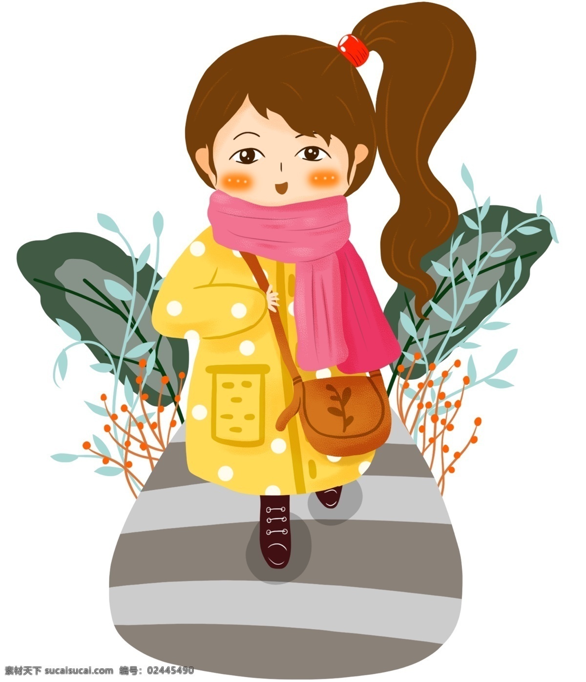 手绘 旅行 小女孩 插画 植物 花卉 橙色 马路 手绘女孩 可爱女孩 插图 黄色棉衣 红色围巾
