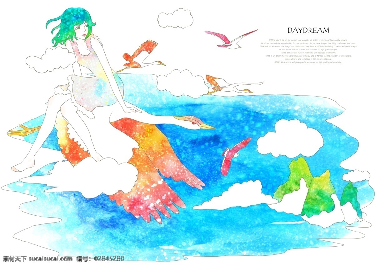 飞鸟 上 坐 女孩 psd素材 白云 插画 蓝天 美女 psd源文件