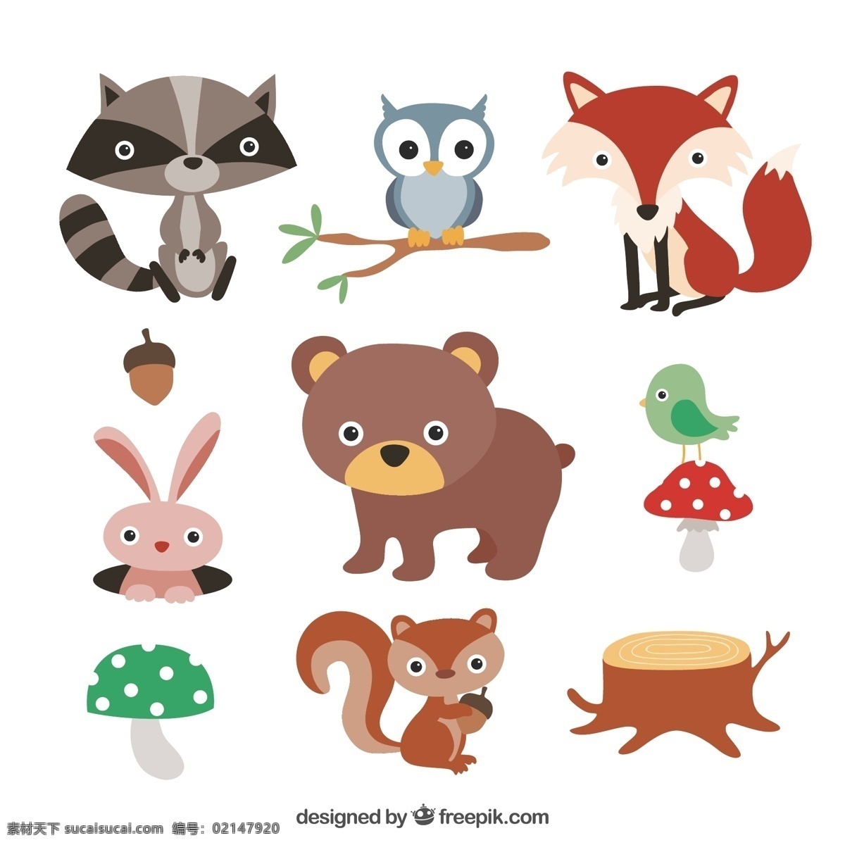 卡通 森林 动植物 浣熊 猫头鹰 狐狸 棕熊 兔子 矢量 高清图片