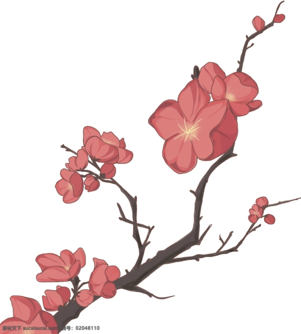 卡通 冬季 植物 红色 花朵 冬季植物 红色花朵 红花 树枝 枝丫 树木 卡通花朵 手绘鲜花 中国风