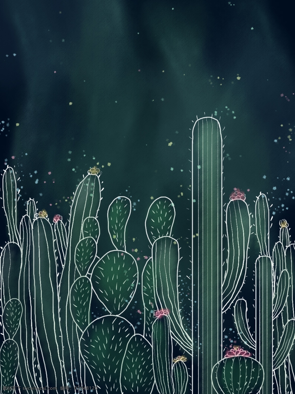 原创 手绘 绿色植物 仙人掌 生机勃勃 背景 插画 开花 植物 光点 简约