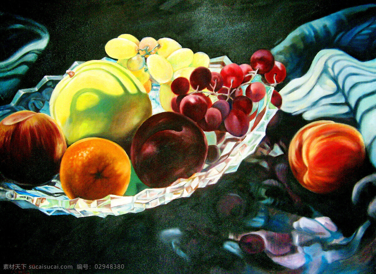 水果盘 油画 苹果 桃子 葡萄 油画作品 油画素材 水果油画 写真油画 书画文字 文化艺术