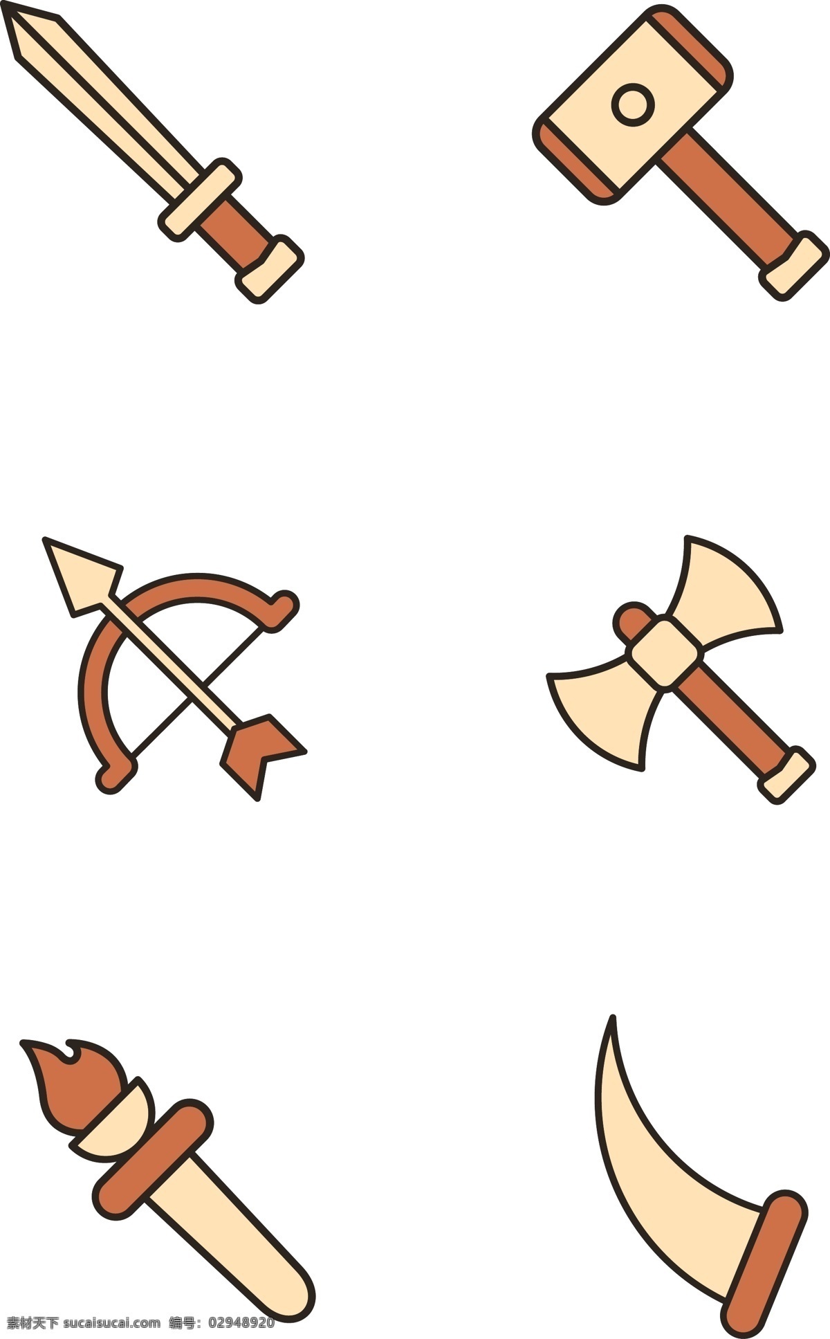 简约 风 卡通 武器 矢量图 扁平化 拟物 卡通的 长剑 石锤 弓箭 斧头 火炬 长刀 图标 有趣的 可爱的