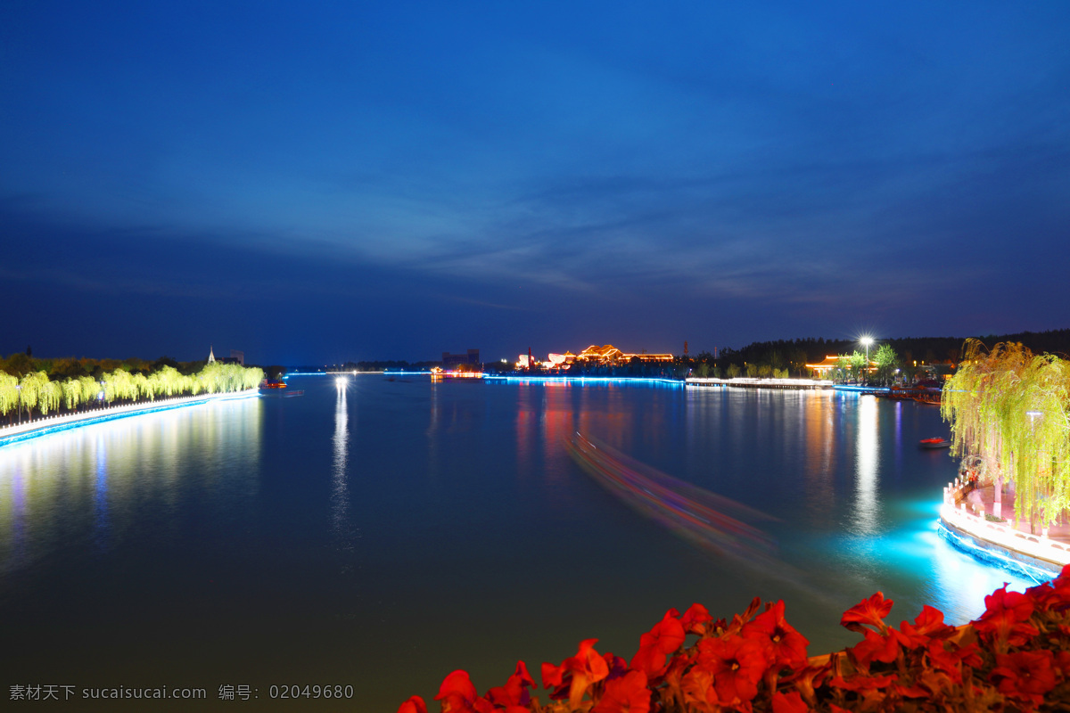 同州湖夜景 柳树 护栏 灯光 湖水 自然景观 风景名胜