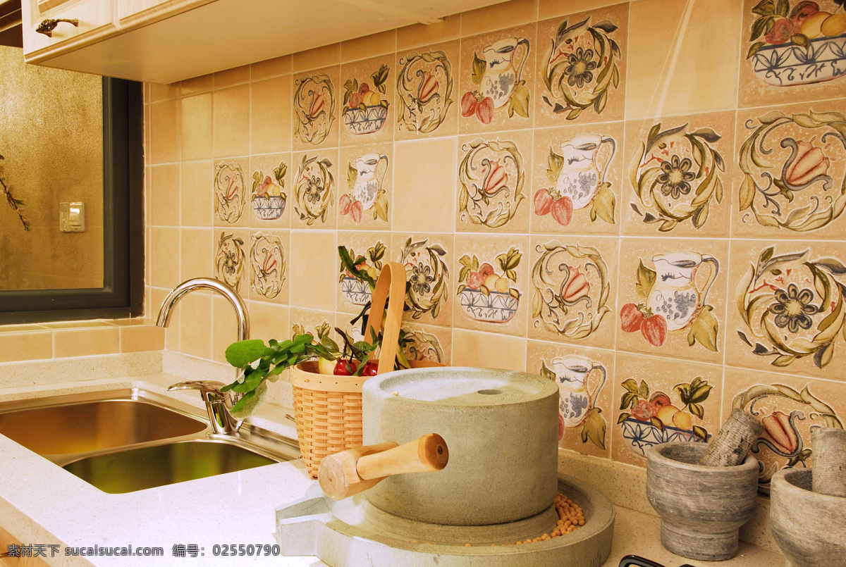 田园 地中海 厨房 花纹 墙壁 装修 效果图 白色 大理石 台面 白色灯光 水龙头 洗菜盆