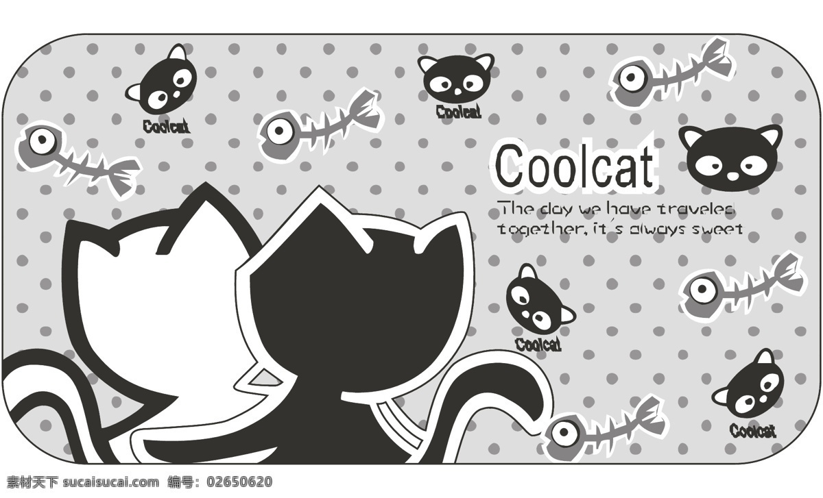 小猫 猫 猫咪 鱼骨头 白猫 黑猫 儿童 卡通 儿童插画 插画 创意 卡通插画 创意设计 时尚 印花 图案设计 t恤印花 卡通设计 矢量