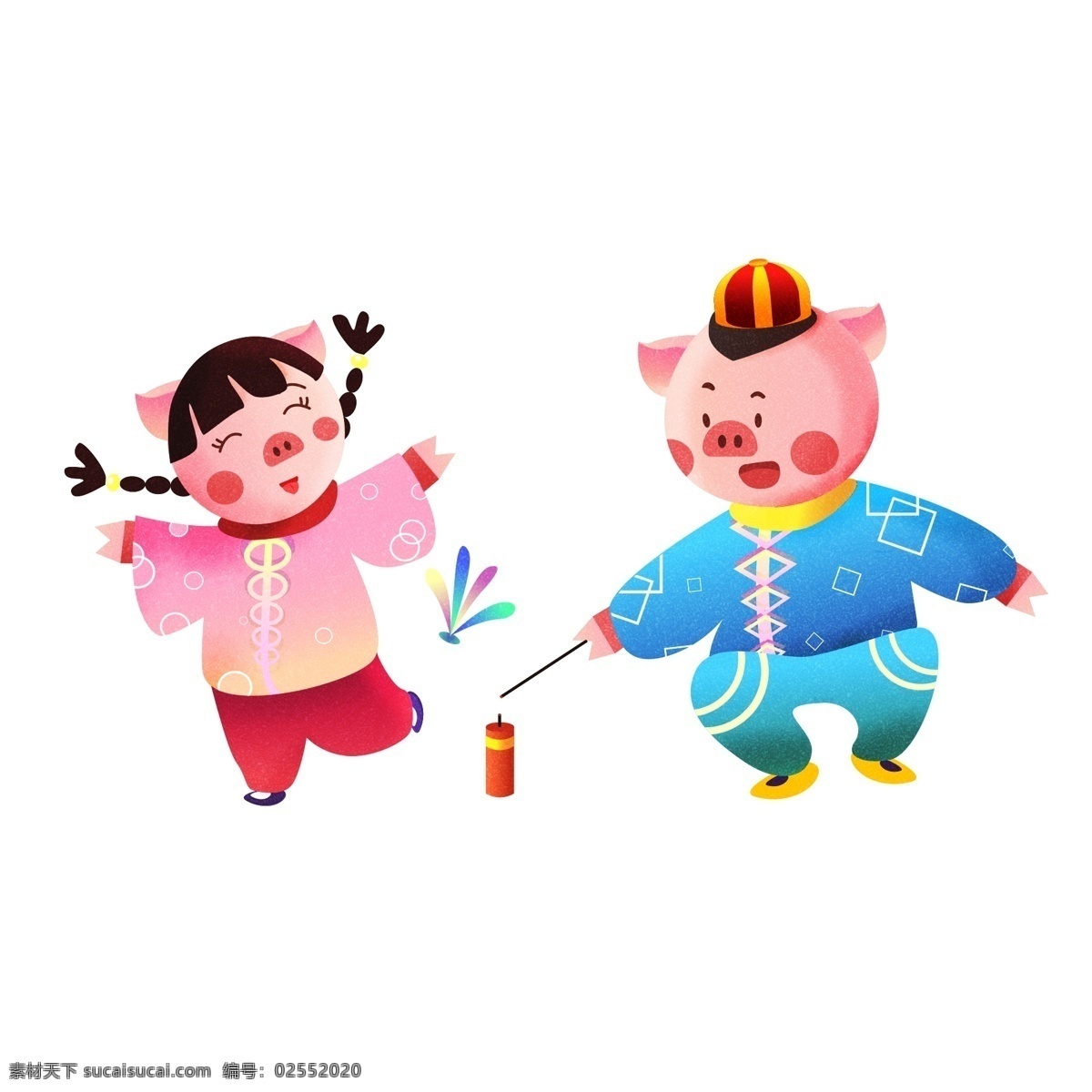 2019 春节 猪年 小 猪 上街 玩耍 原创 新年 喜庆 可爱 生肖 男女 小猪 卡通 踢毽子 放鞭炮