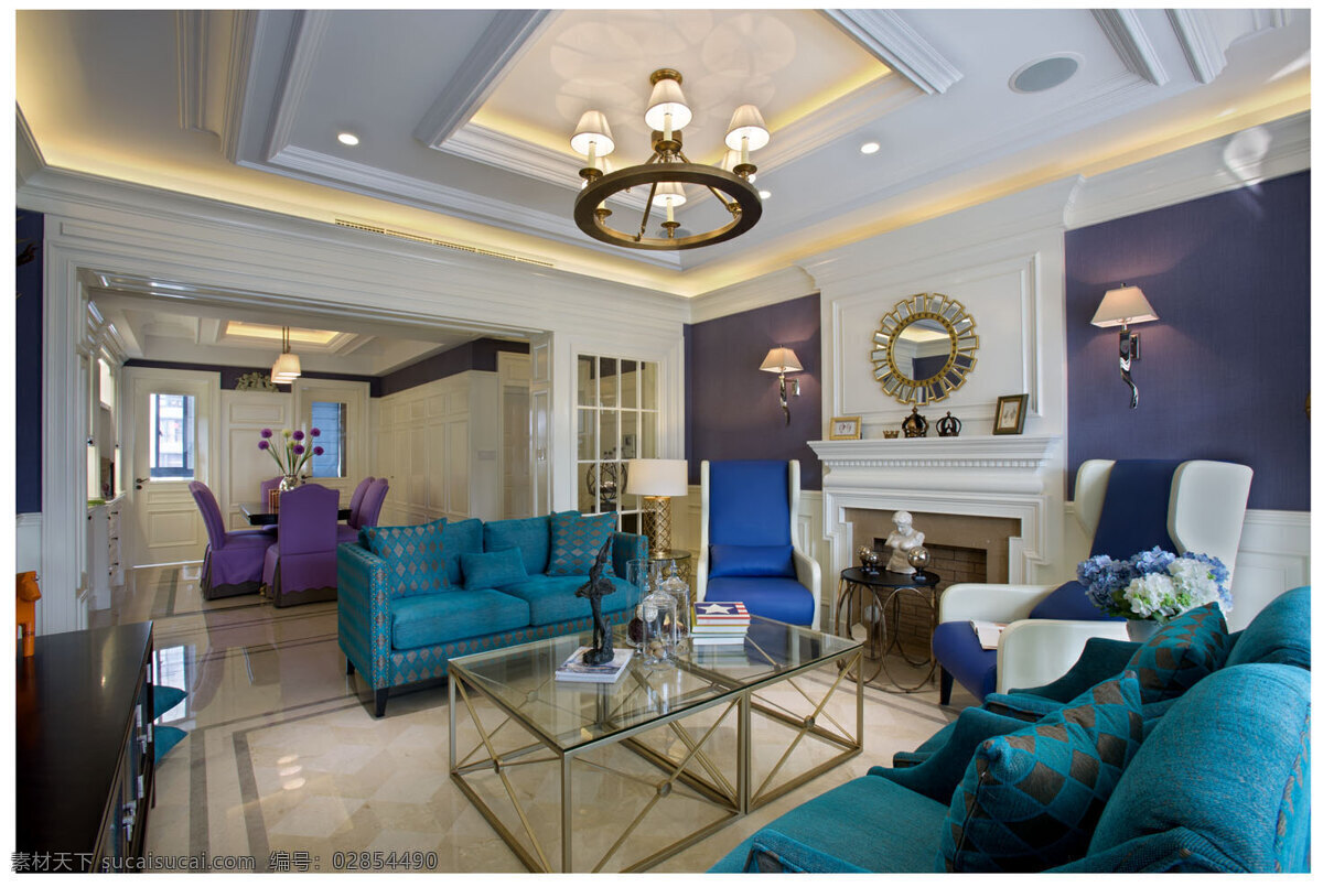 欧式 客厅 蓝色 墙壁 装修 效果图 壁灯 长方形 玻璃茶几 方形吊顶 个性吊灯 灰色地板砖 蓝色沙发