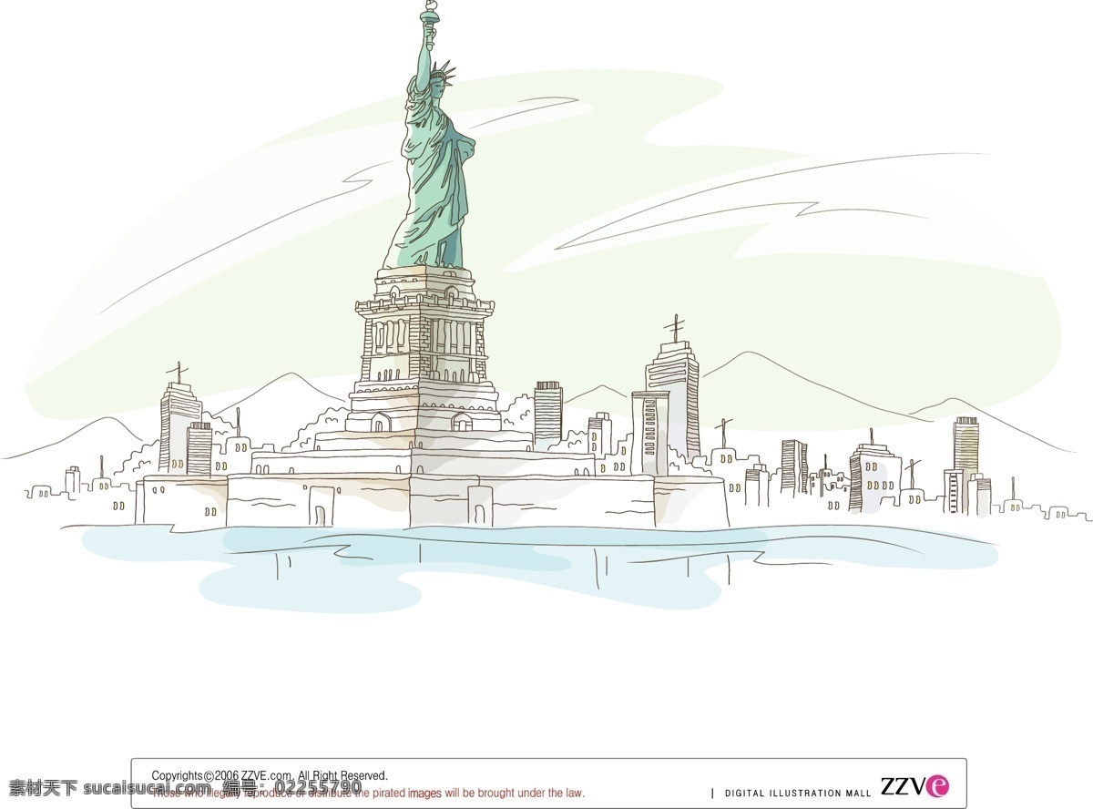 纽约 城市 风景 矢量 插画 自由女神像 港口 纽约港 大海 建筑 风景特写 矢量插画 动漫动画 风景漫画