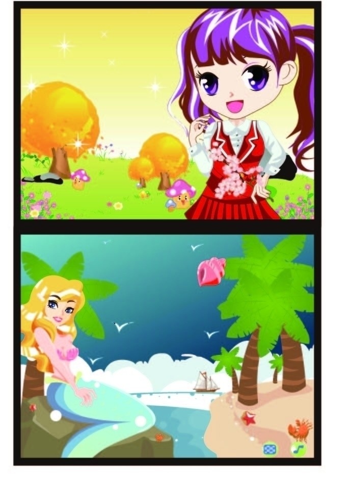 卡通封面 树木 花 草坪 小女孩 美人鱼 椰子树 小河 船 螃蟹 卡通设计 矢量