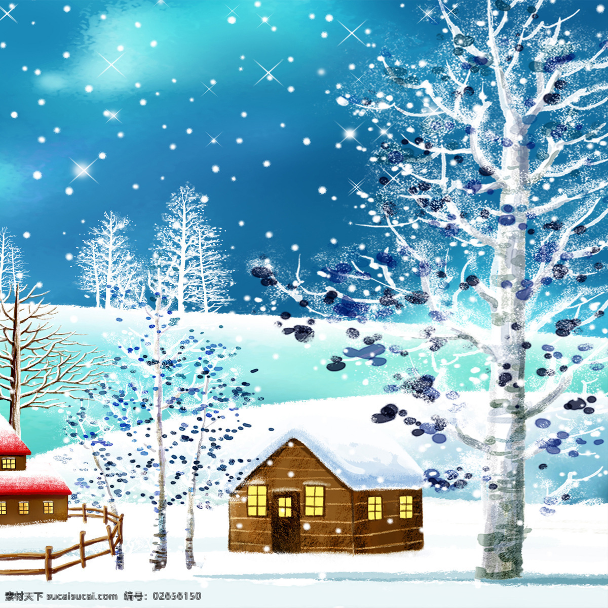 雪 夜景 图 大树 房子 夜空 装饰素材 无框画