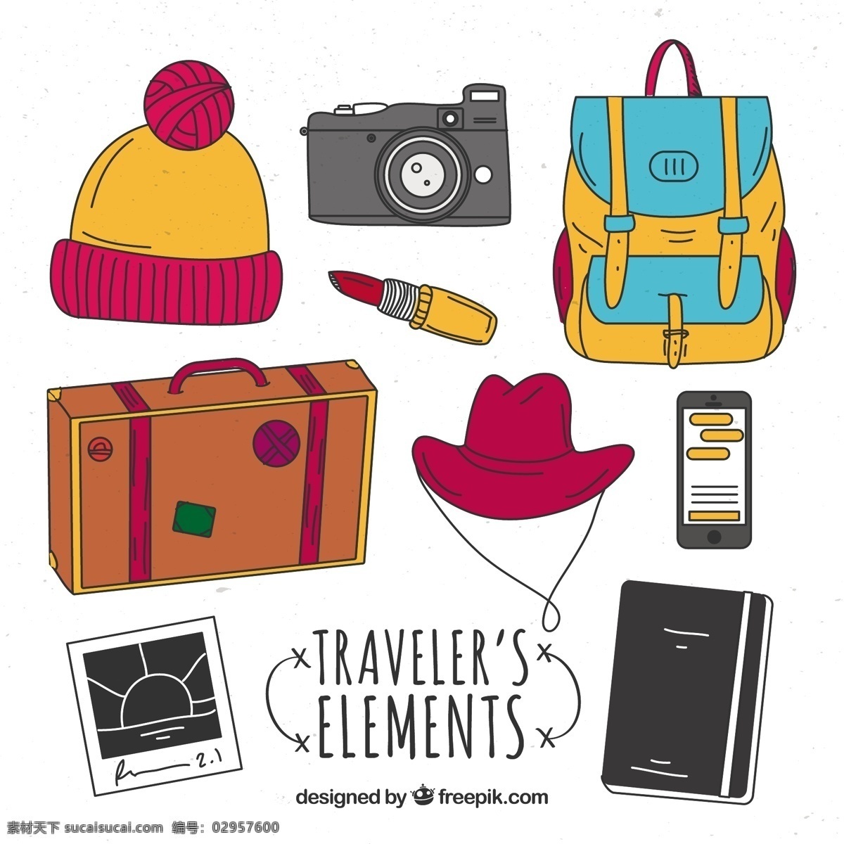 手绘 travaler 元素 集合 旅行 手 相机 世界 移动 包 帽子 旅游 度假 假期 手提箱 行李 绘画 羊毛