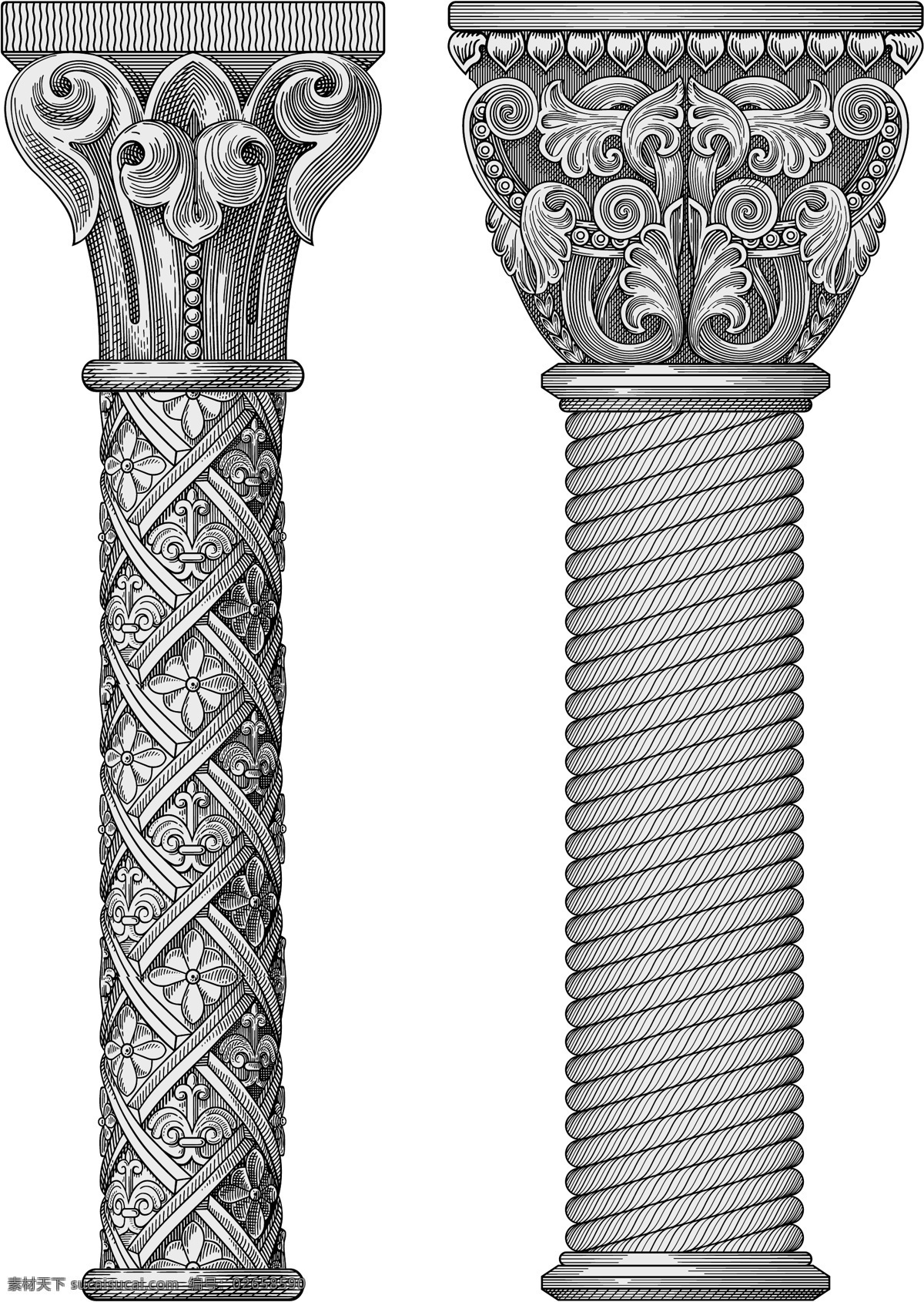 各种 欧洲 古典 柱 图形 矢量 经典的 图案 柱子 华丽的 石膏柱 向量的欧洲 矢量图 现代科技