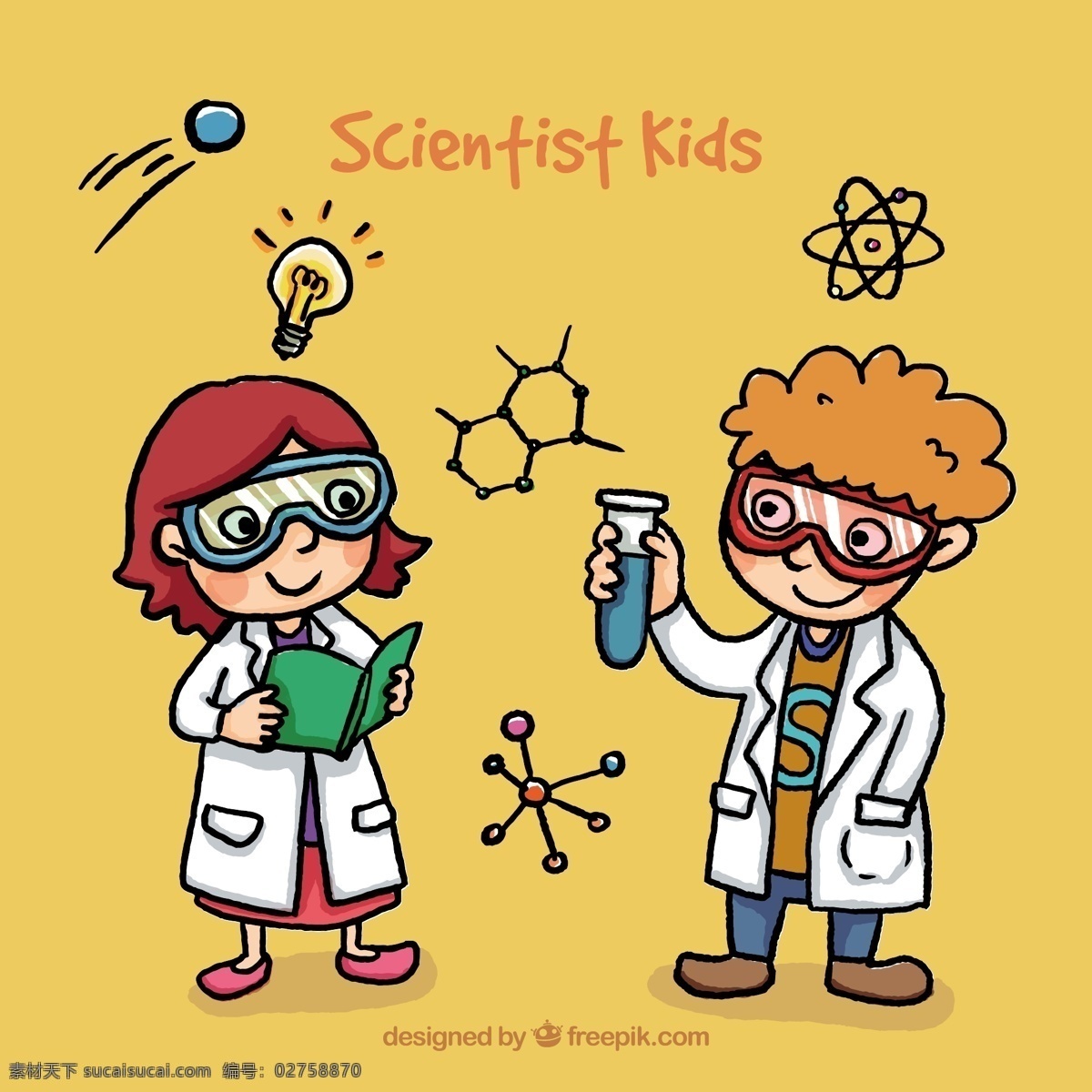 手绘 科学家 儿童 手 卡通 观念 手画 眼镜 科学 孩子 学习 绘画 化学 实验室 测试 黄色