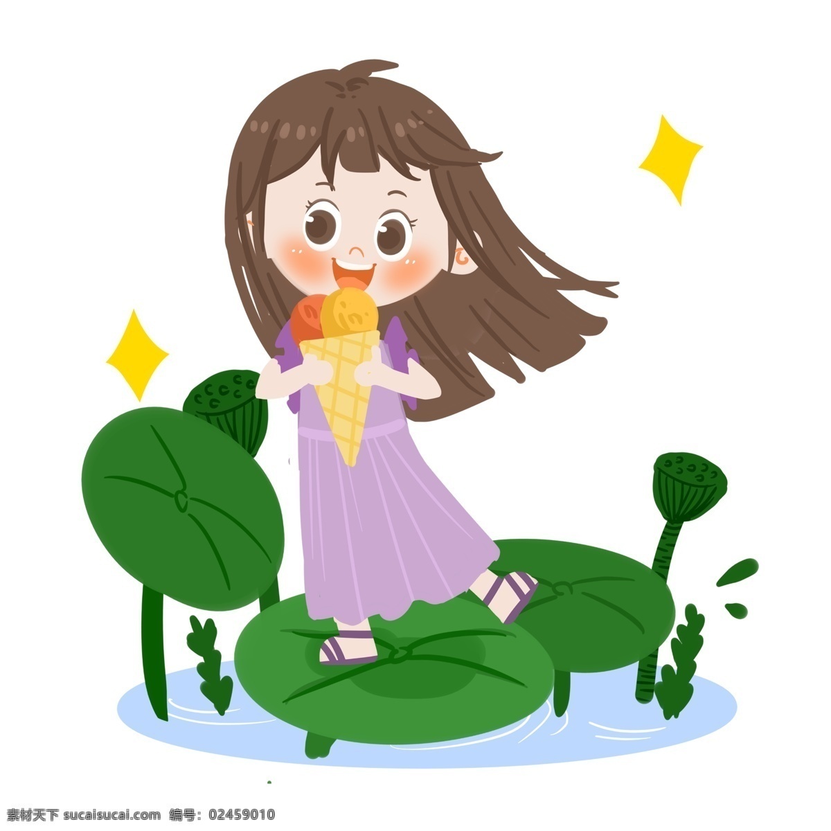 夏日 卡通 女孩 吃 雪糕 长发 裙子 星星 荷塘 荷叶 莲蓬