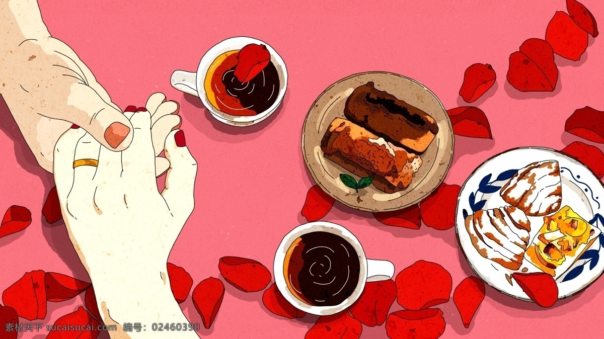 原创 美食 系 美味 爱情 玫瑰花 咖啡 插画 粉红色 玫瑰